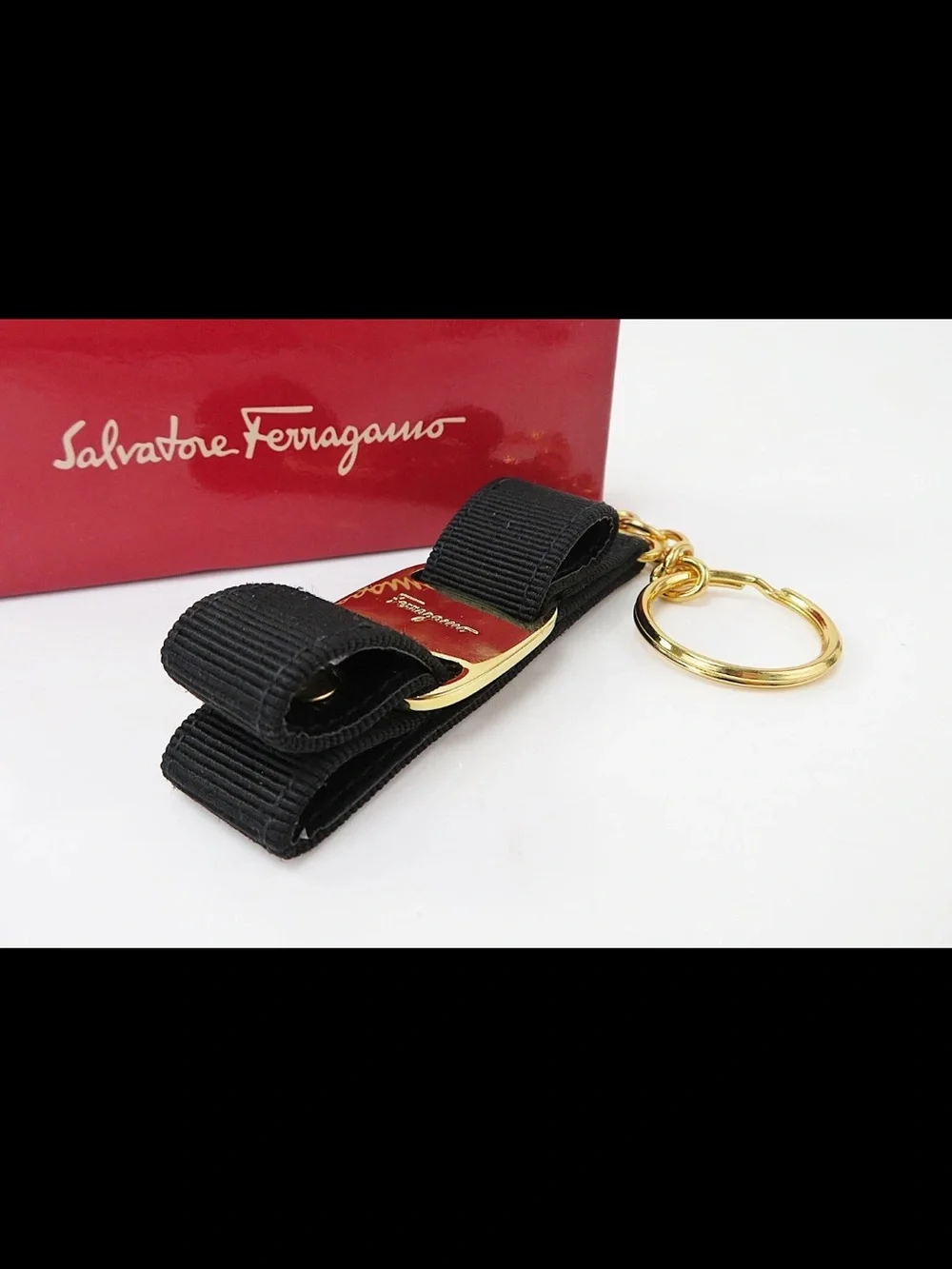 Salvatore Ferragamo Black Grosgrain Bow Keyring with Gold Hardware